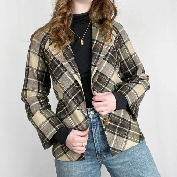Vintage Plaid Tartan Wool Belted Oversized Blazer Jacket Pea Coat Preppy Fall - Picture 4 of 7